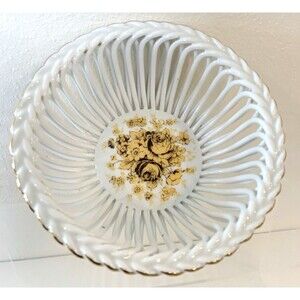 Apulum Fine Porcelain Reticulate Gold Rim Bowl 6x3 Hand Painted VTG 50s